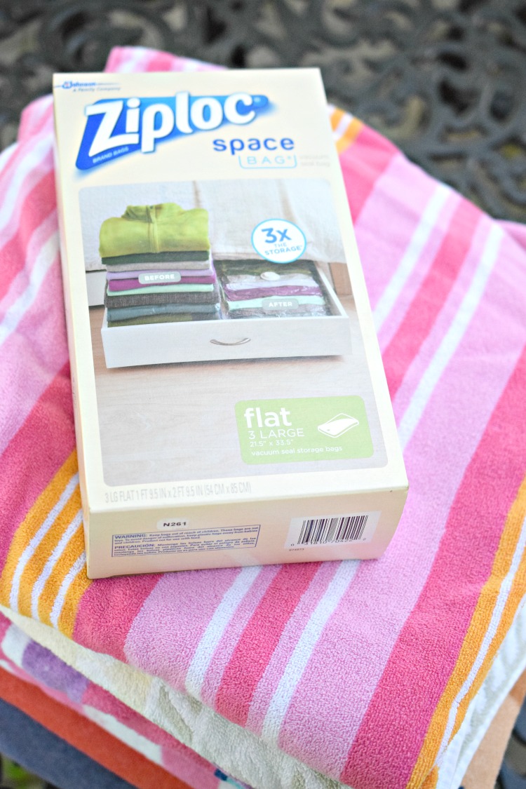 Ziploc Space Storage bags are a great way to store extra beach towels. They keep water and moisture out so you can store them in a garden shed, garage, etc., off season.
