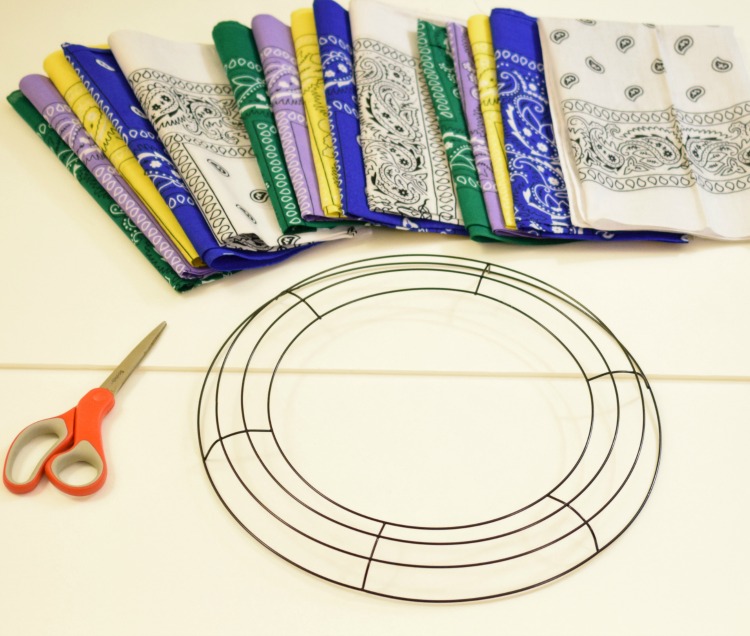 supplies needed for making a colorful bandana wreath