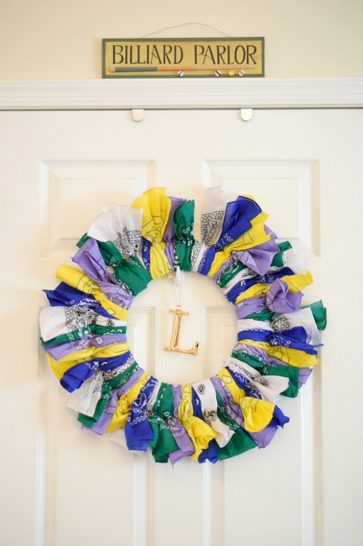 bandana wreath hung in a family room / billiard room