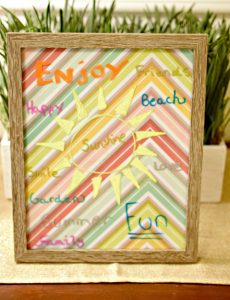 DIY inspiration board made with a picture frame, scrapbook paper and chalk pens
