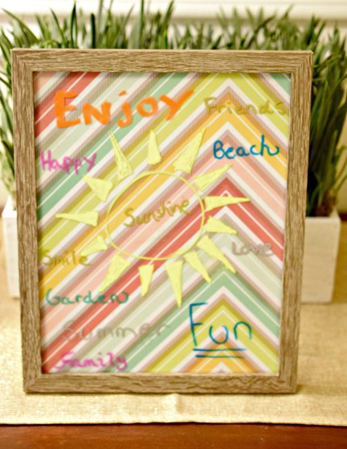 DIY inspiration board made with a picture frame, scrapbook paper and chalk pens