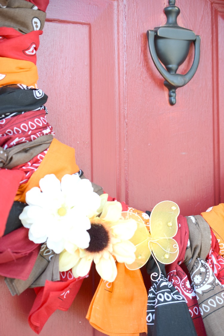 Fall bandana wreath with flowers and a butterfly