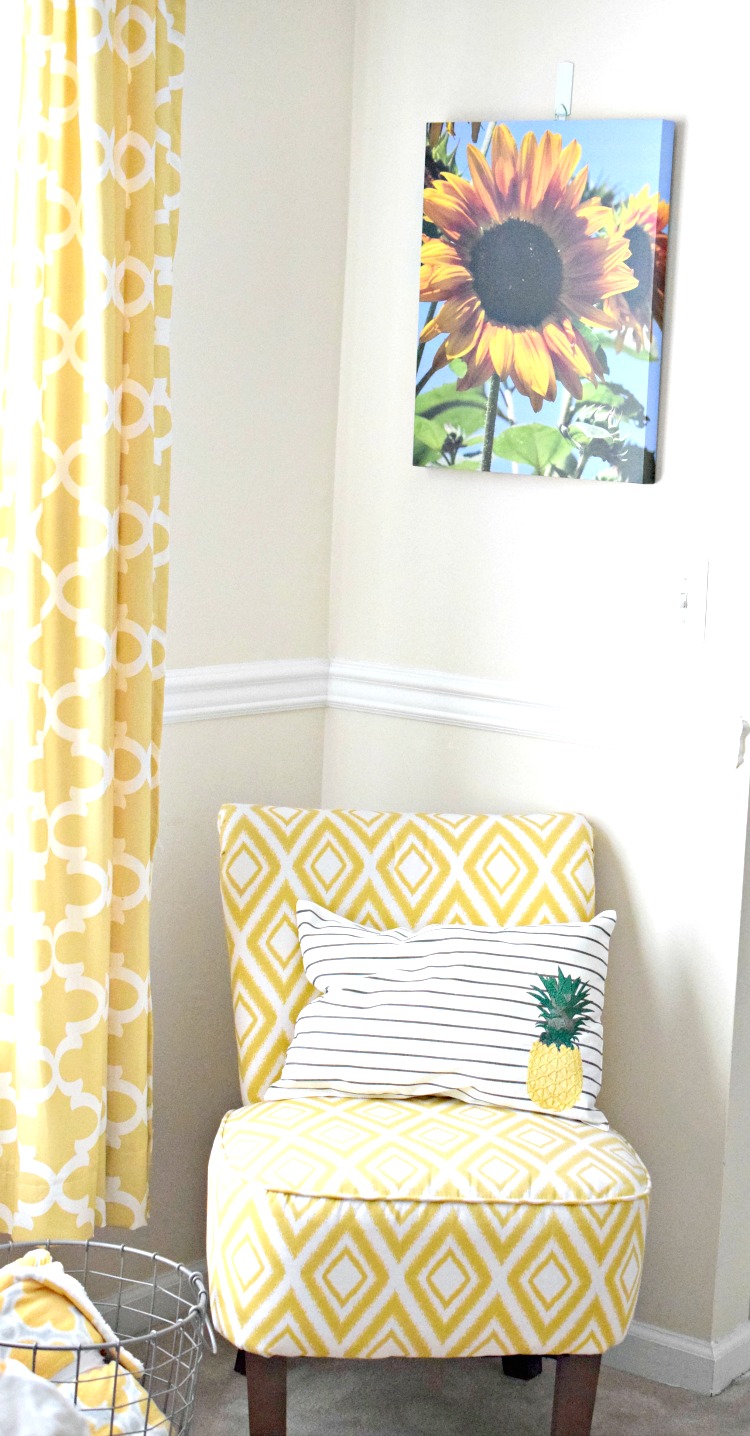 Sunflower print in a bright and sunny living room
