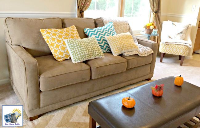 fall living room with colorful DIY pillows