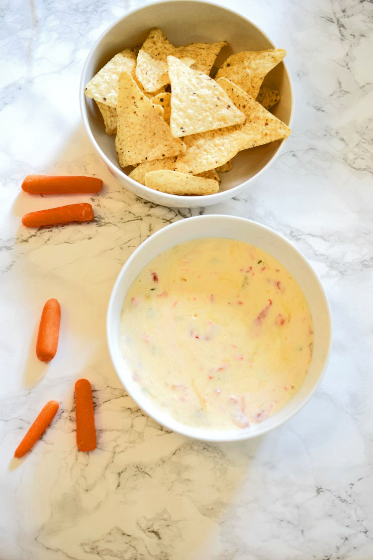 Easy white queso recipe, for serving with tortilla chips or carrot sticks