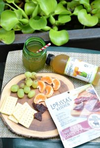 afternoon cheese, fruit and beef snack plate by a patio pond with Honest Tea