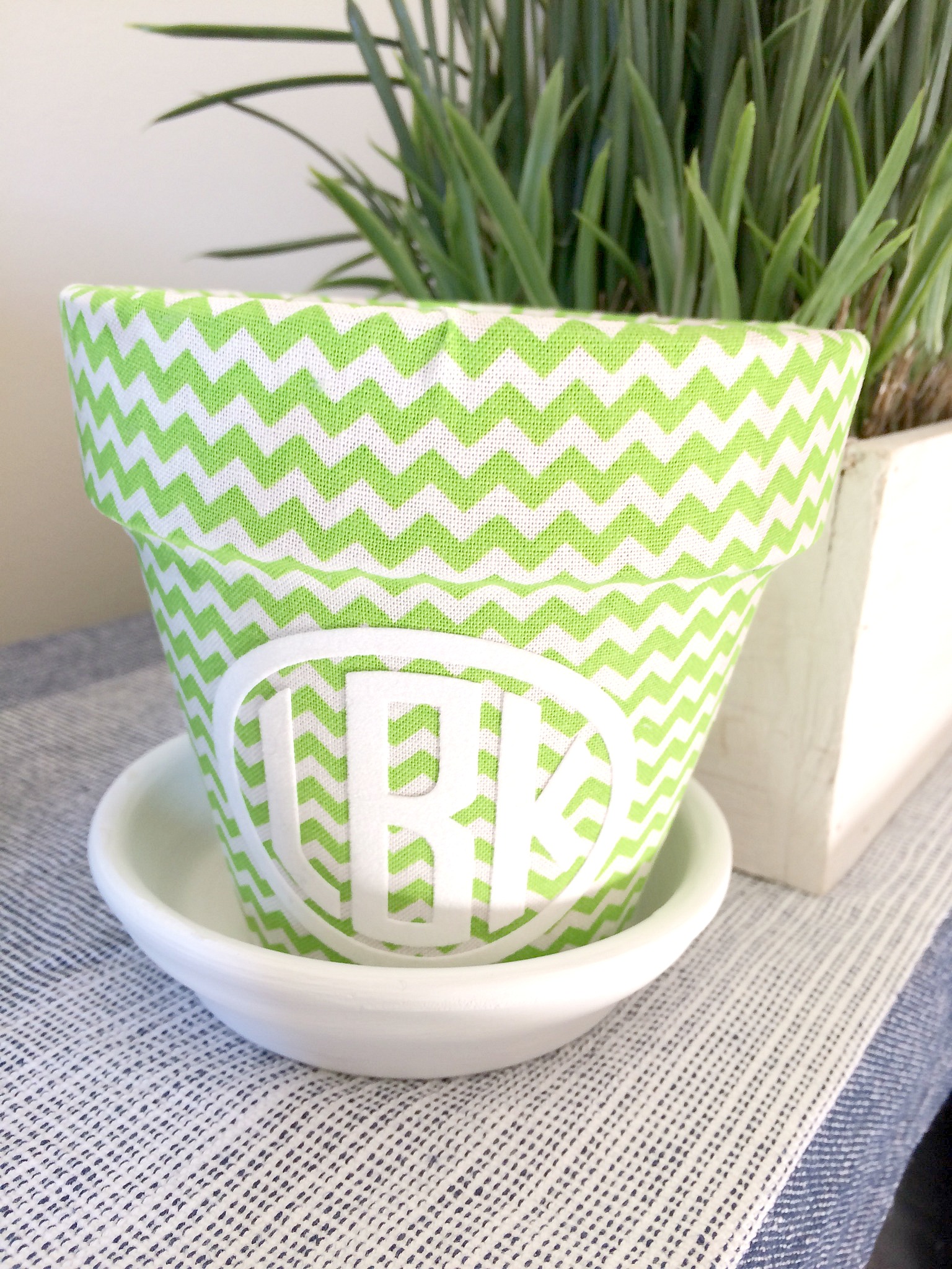 Fabric covered monogrammed pot