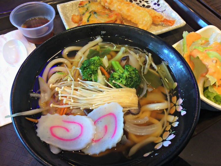 udon noodle soup with shrimp tempura