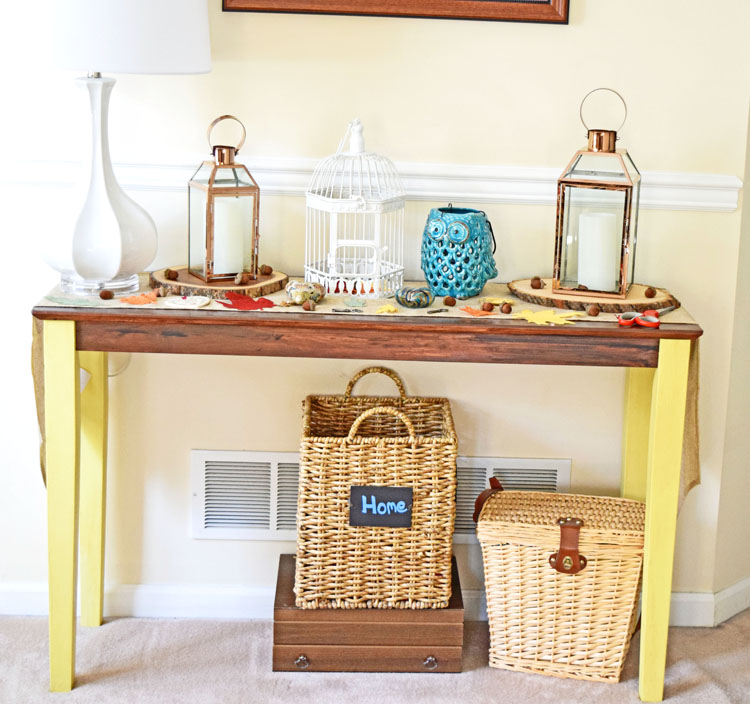 hand painted fall console table with copper and natural wood elements