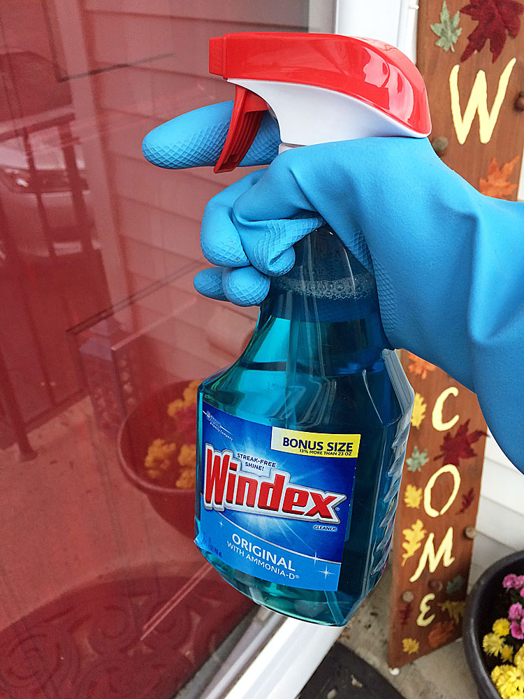 cleaning a front storm door with Windex