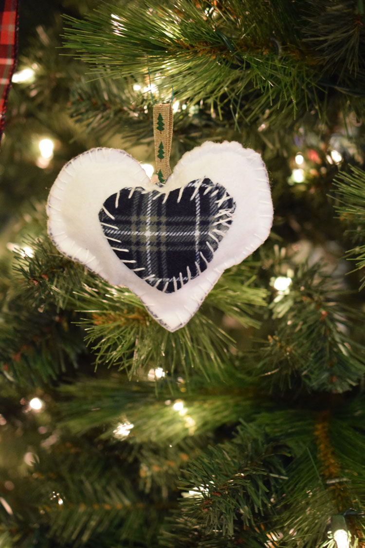 handcrafted white felt and blue plaid heart ornament