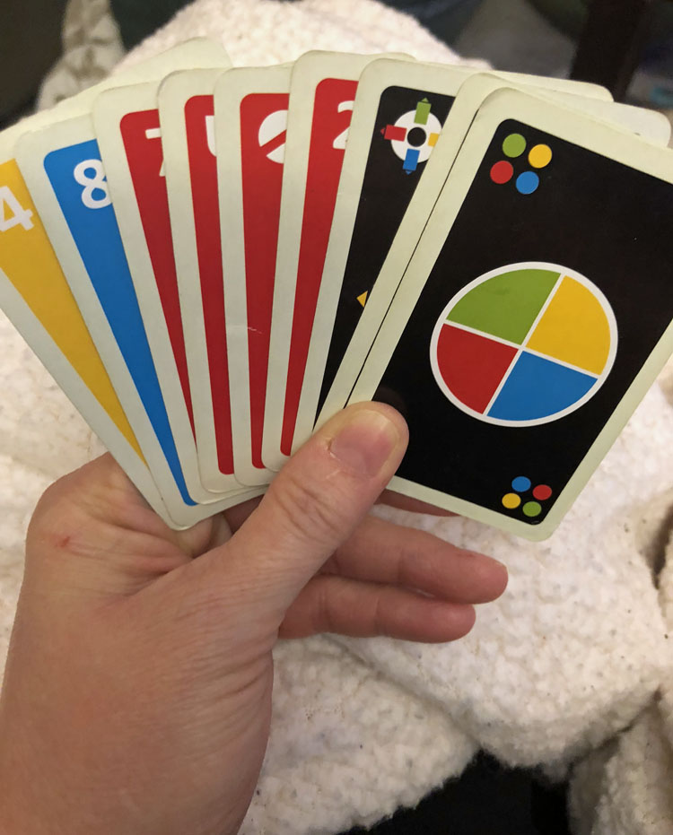 an UNO card game hand of cards
