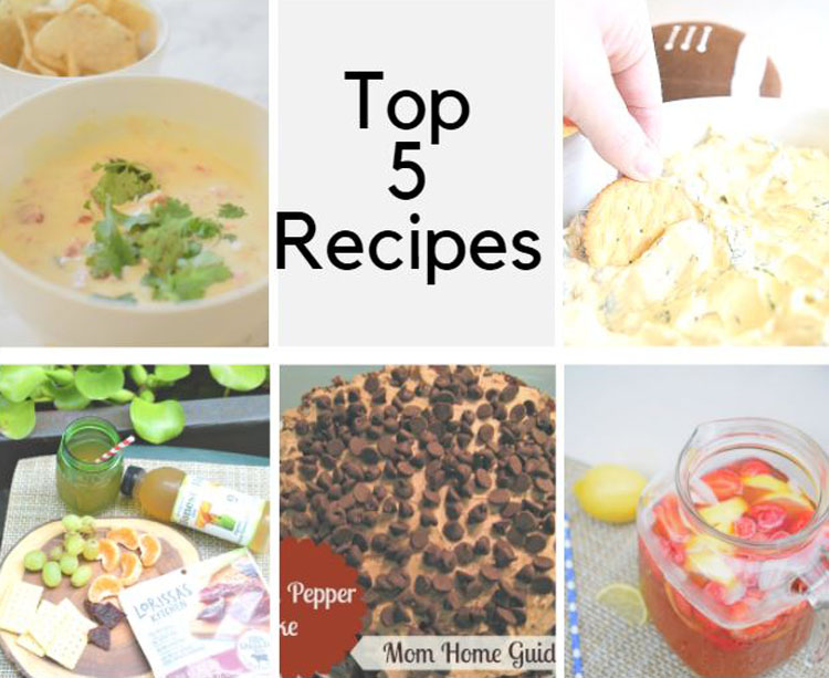 top 5 recipes - cake, dip, lemonade, cheese appetizer plate