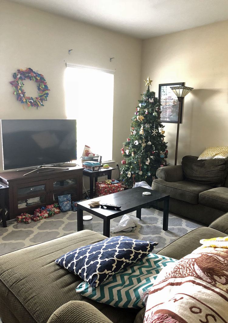 a family room decorated for Christmas