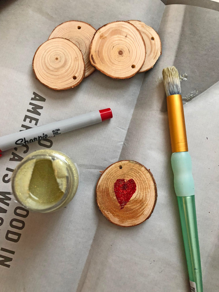 painted mini wood rounds for Valentine's Day