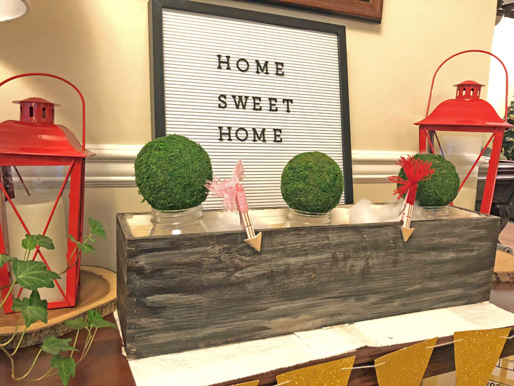 Valentine's Day console table with letter board and hand stained and painted wooden planter box