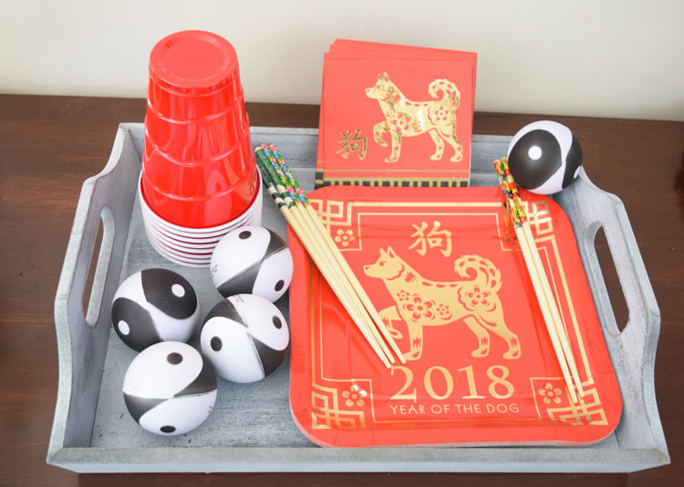 Gray tray and Chinese New Year of the Dog party supplies from Oriental Trading