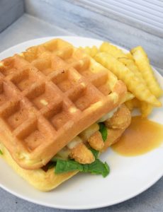 Fun breakfast for dinner idea -- chicken and waffle sandwiches with pepperjack cheese and a homemade maple honey mustard sauce