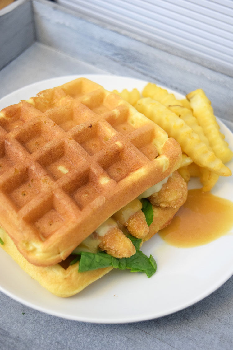Fun breakfast for dinner idea -- chicken and waffle sandwiches with pepperjack cheese and a homemade maple honey mustard sauce