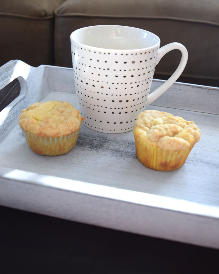 lemon crumb muffins with a mug of hot Folgers coffee