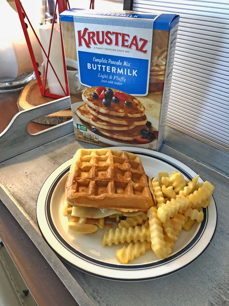 chicken and waffle sandwich made with Krusteaz Belgian waffle mix #krusteaz @krusteaz #ad