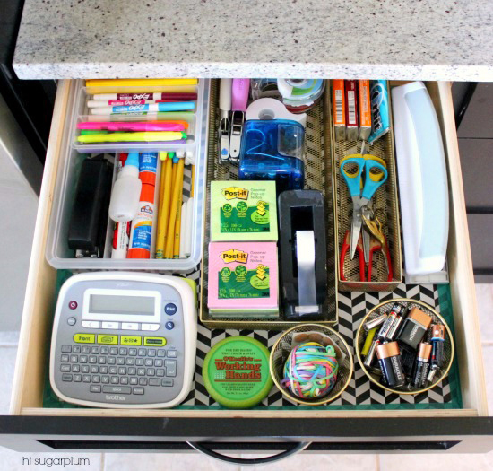 an organized junk drawer by Jen of Iheart Organizing