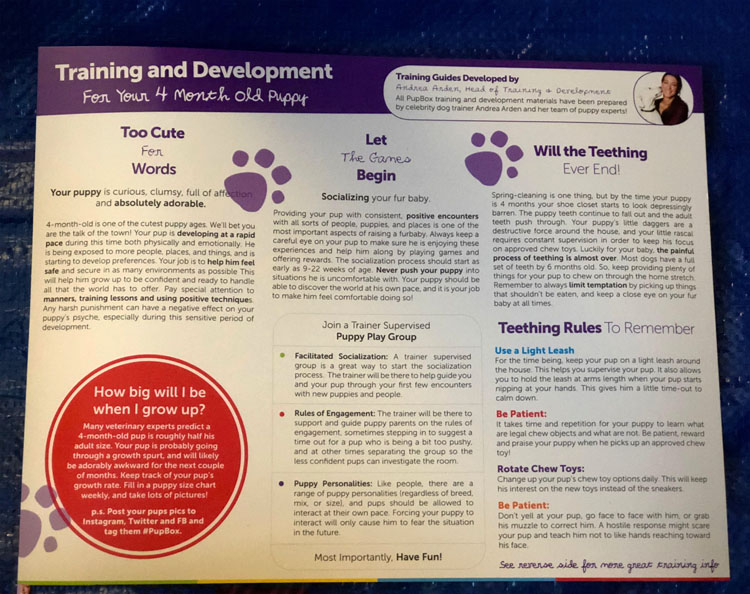 A handy Training and Development card about your puppy that comes in each PupBox