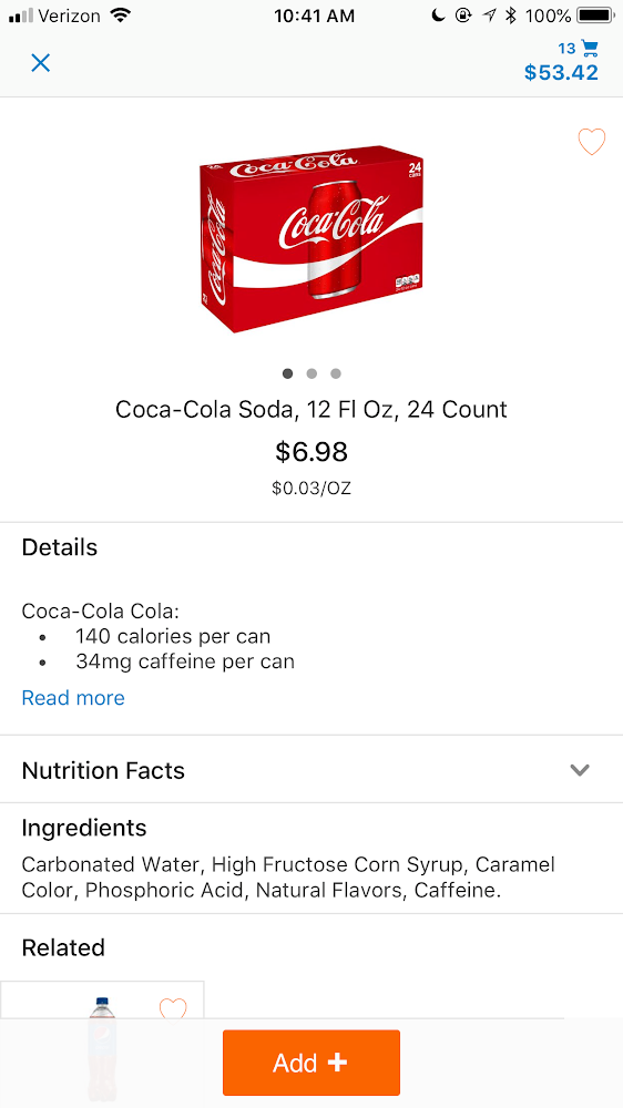 shopping for Coca-Cola with the Walmart shopping app