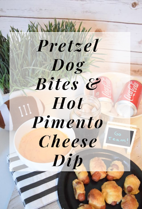 recipe for mini pretzel hot dog bites and a warm pimento cheese dip