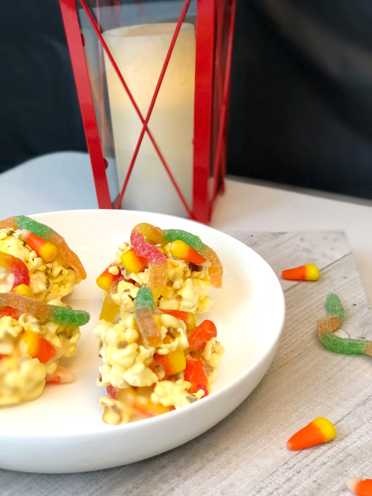 candy marshmallow popcorn balls for Halloween