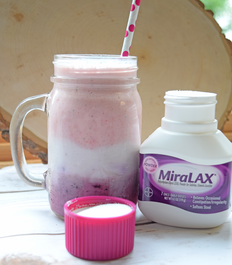 rainobw smoothie in mason jar mug and miralax powder