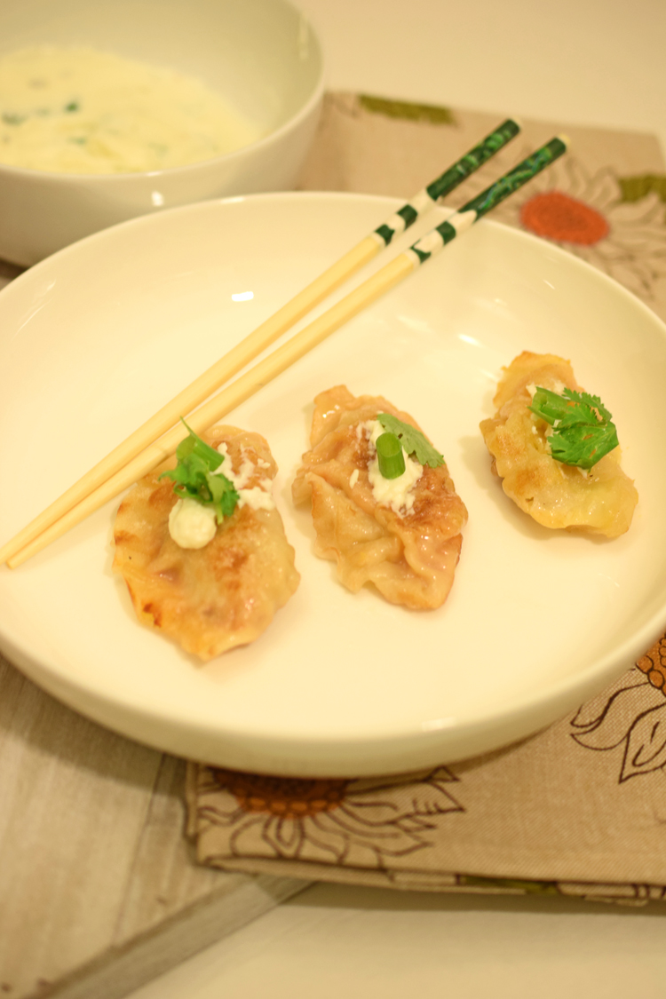 loaded sweet potato and kimchi pot stickers