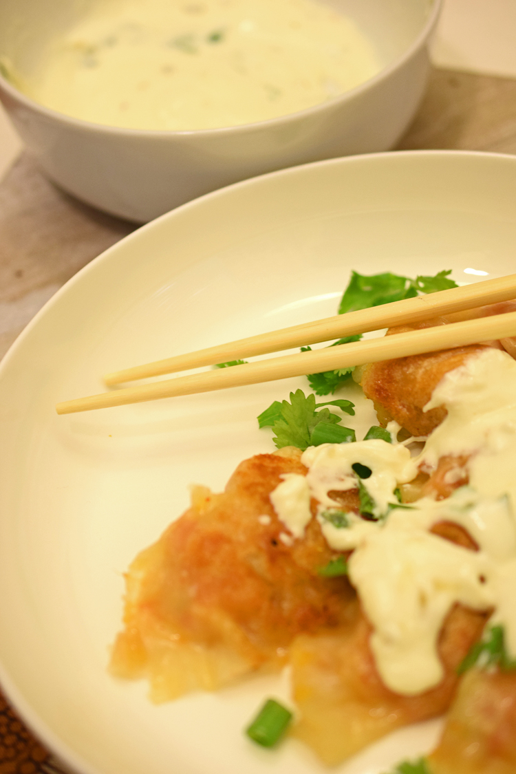 sweet potato and kimchi gyoza pot stickers and queso