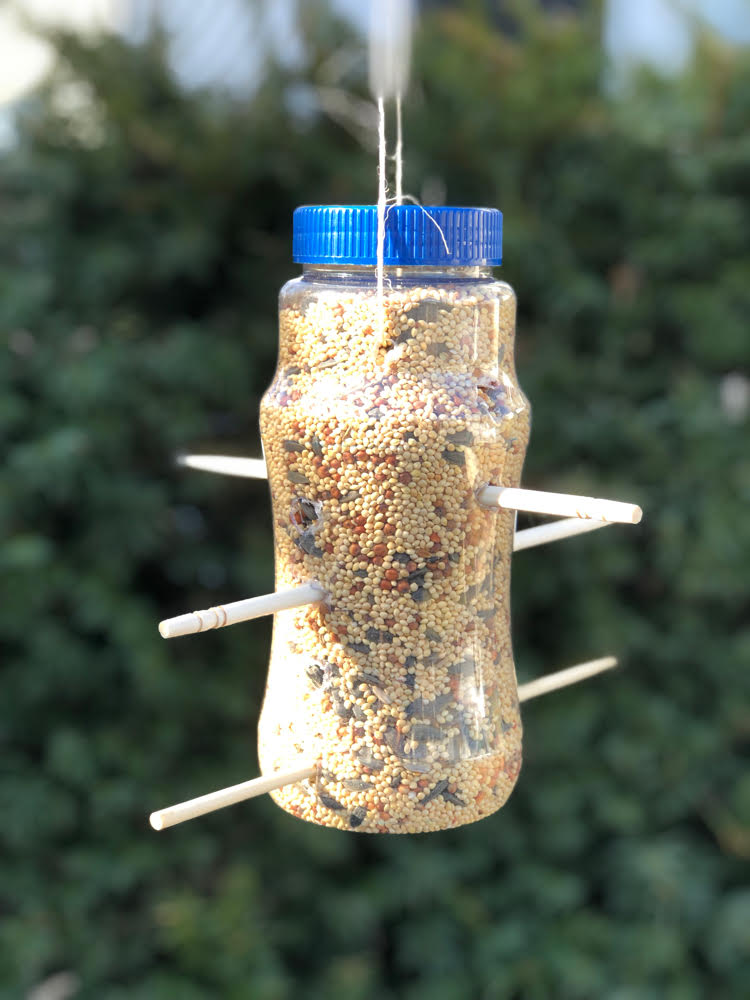 An easy an inexpensive bird feeder made from a plastic bottle and wooden chopsticks
