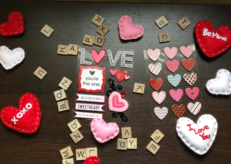 cute Valentine's Day stickers, Scrabble tiles and felt hearts