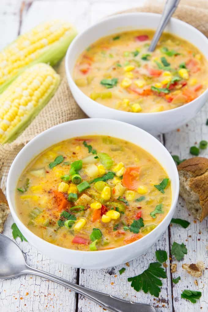 Delicious bowl of vegetarian corn chowder with potatoes by Vegan Heaven