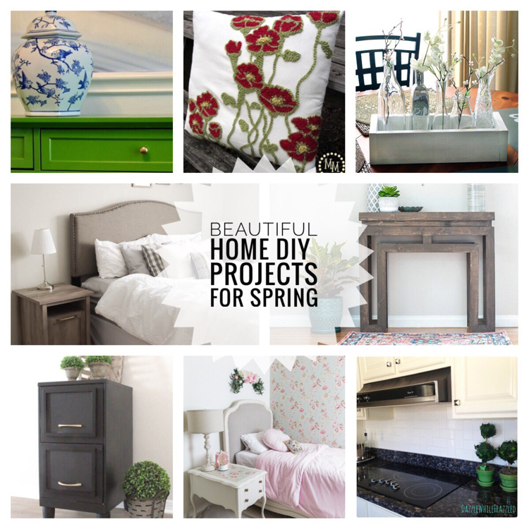 These budget DIY projects are great ways to update your home for spring. I love these projects: DIY green painted table, yarn embellished pillow, planter box with bud vases, master bedroom update, gray console table, black filing cabinet, French girl's bedroom and subway tile backsplash.