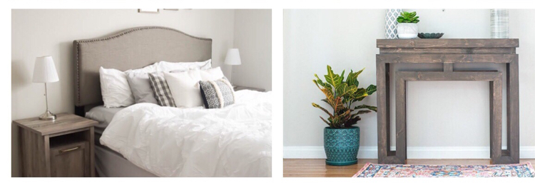 Gray master bedroom with upholstered headboard and DIY gray console table