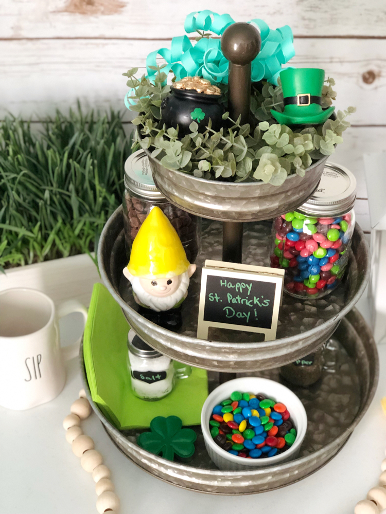 I like how this farmhouse-style galvanized metal tray is decorated for St. Patrick's Day with a shamrock, pot of gold and leprechaun hat.