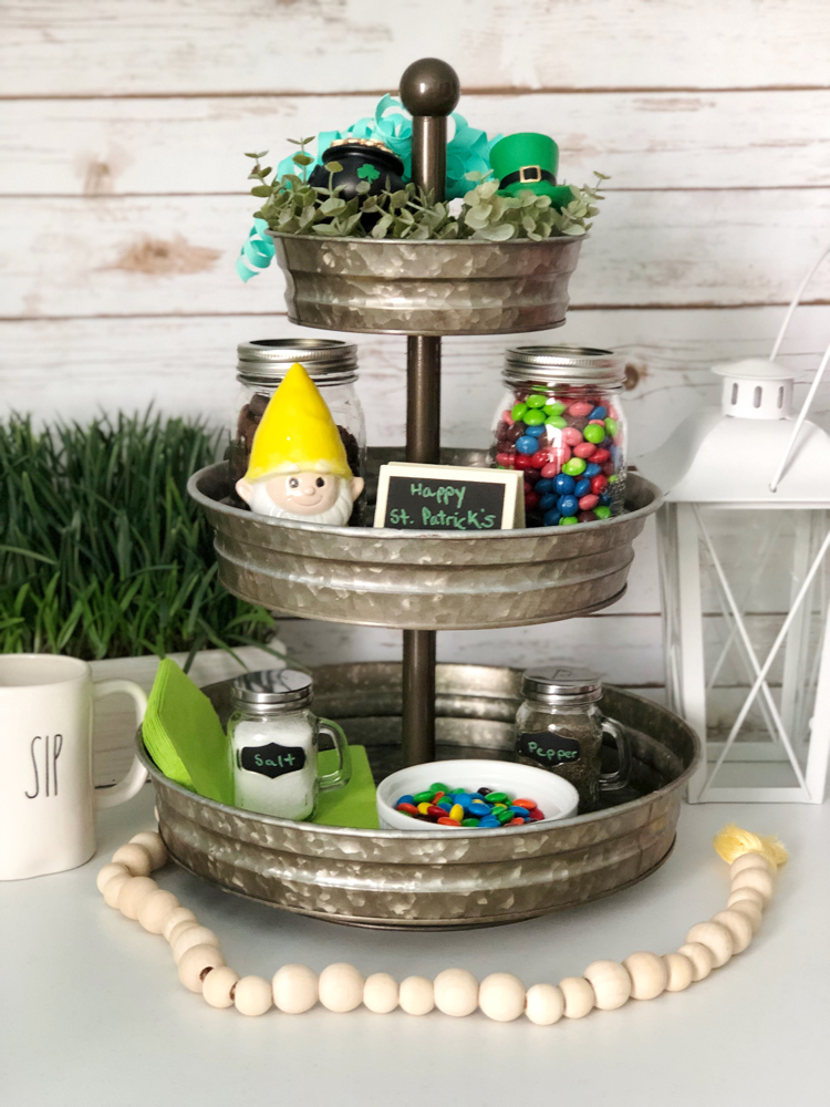 This galvanized metal tiered tray is decorated beautifully for St. Patrick's Day