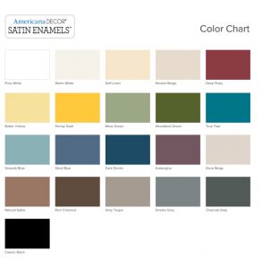 Americana Decor Satin Enamels color chart - this paint is perfect for painting bathroom cabinets!