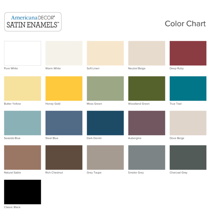 Americana Decor Satin Enamels color chart - this paint is perfect for painting bathroom cabinets!