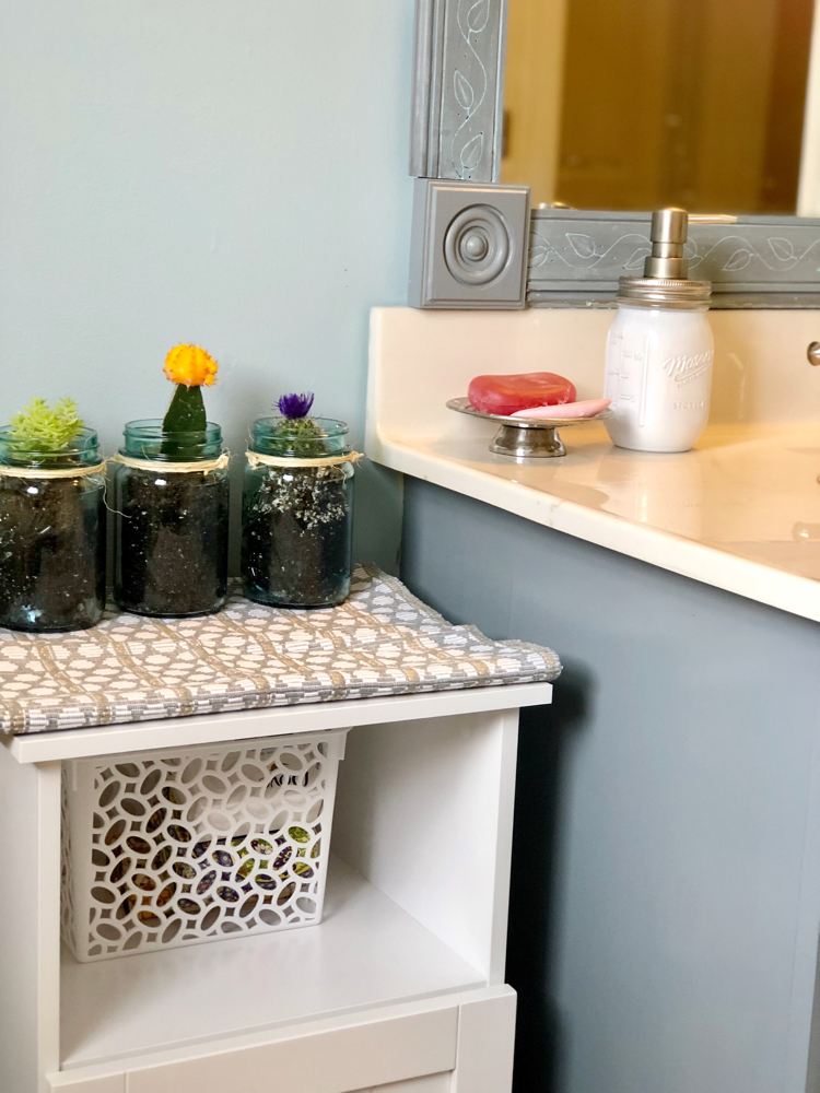 Succulents potted in mason jars in a bathroom