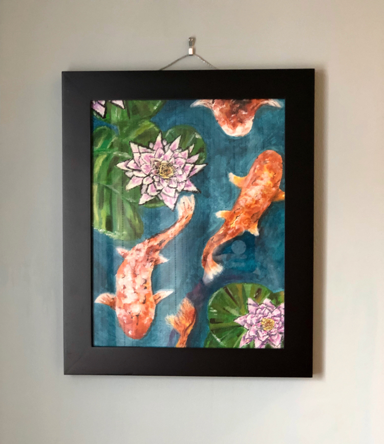 A painting by EK of orange koi in a blue lake or pond