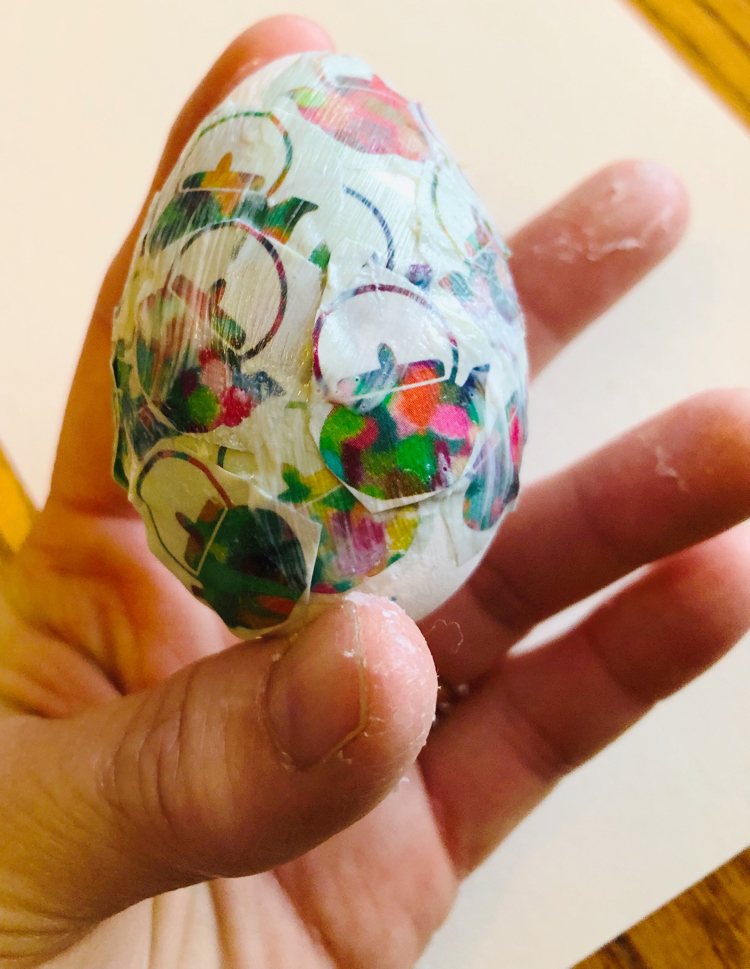 Craft Easter egg decoupaged with teapot origami paper with Mod Podge