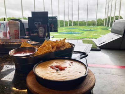 Delicious beer flavored queso and chips at Topgolf in Mount Laurel, NJ