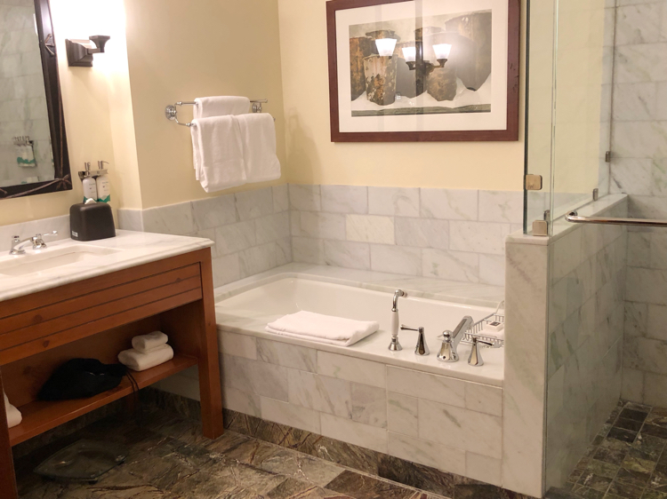 The luxury bathroom in our one-bedroom suite at The Lodge at Spruce Peak in Stowe, Vt.