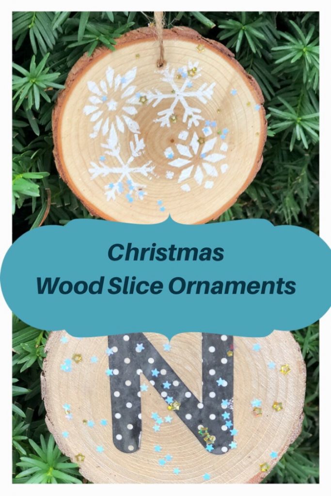 stenciled and monogrammed wood slice ornament