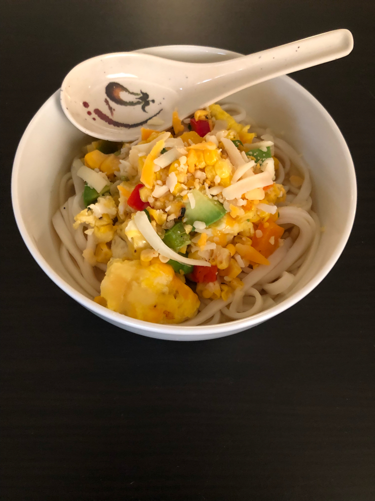 This udon soup with cheesy scrambled eggs is easy to make with Fortune udon noodles