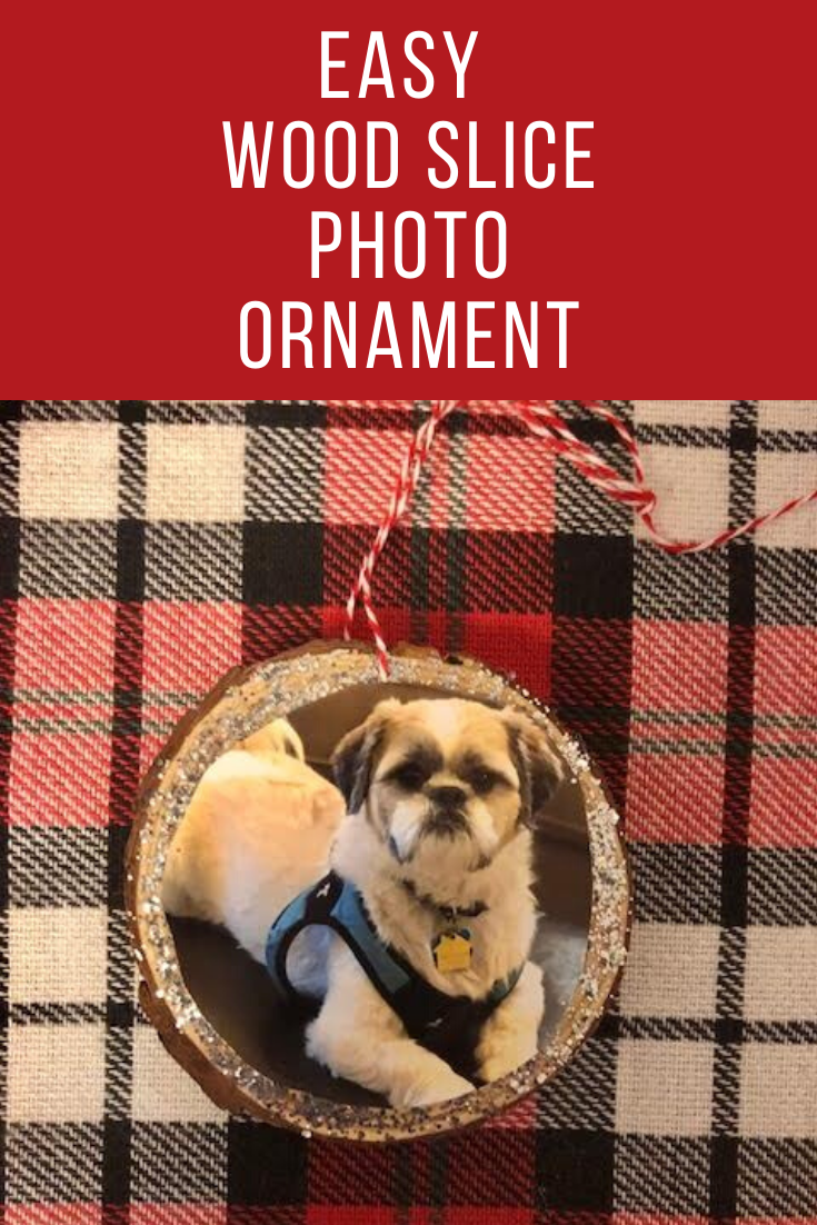 A DIY photo wood slice ornament featuring a photo of a Shih Tzu dog